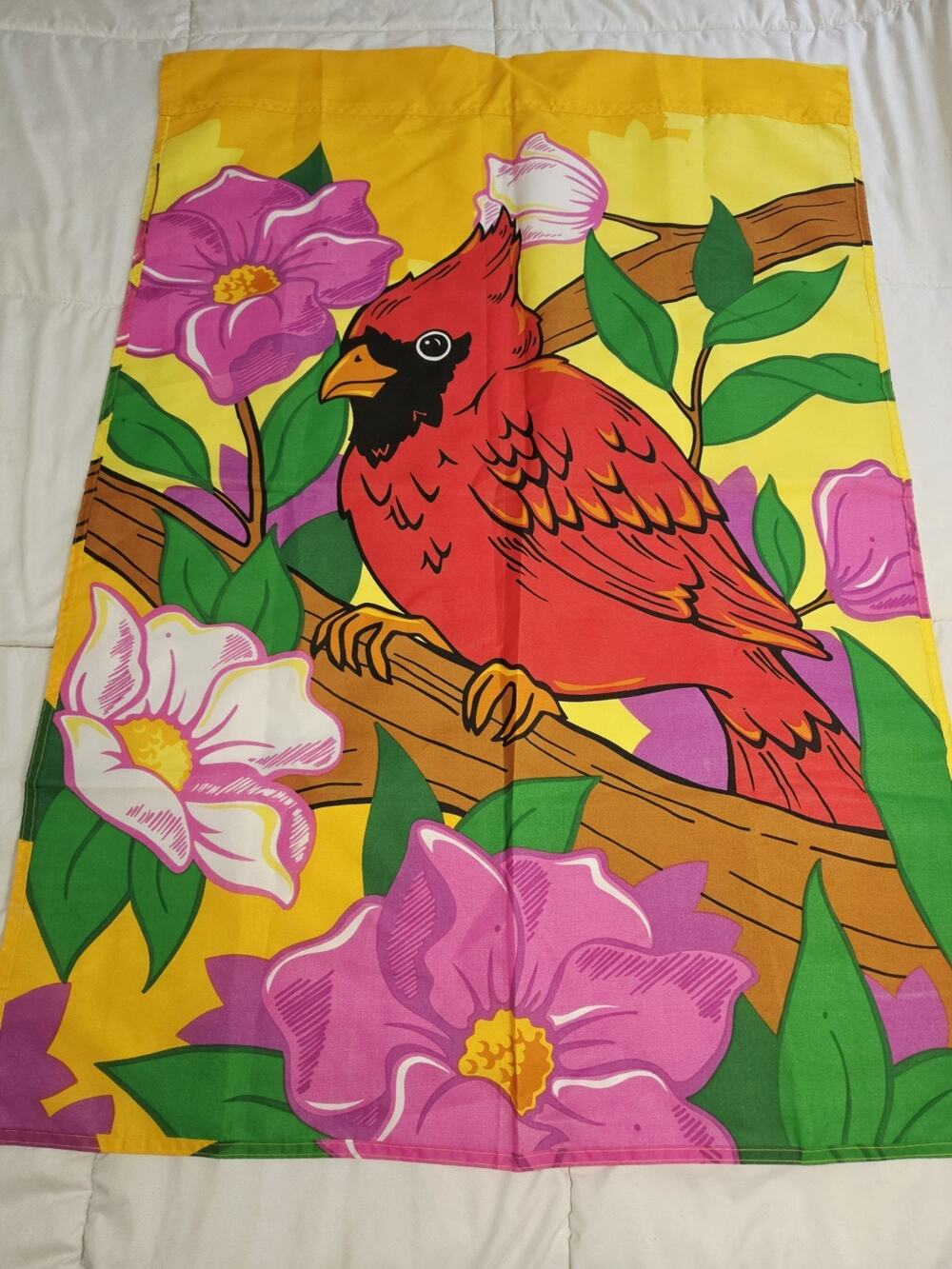 Cardinal Flower Garden Flag 28x41 Decorative Outdoor Banner Red Bird 90's Vtg